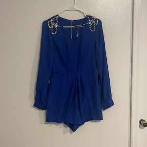 Top Chic Blue semi sheer romper beaded neckline